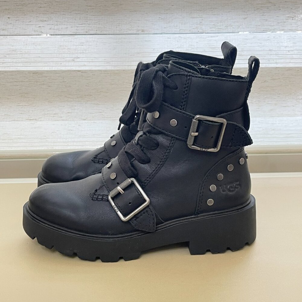 Ugg Zorrah Boots 6 Moto Combat Black Leather Silver Studs Side Zip Strap Buckle - Picture 6 of 16